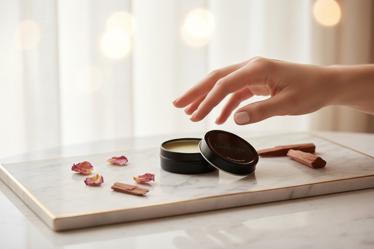 Rose Sandalwood solid fragrance tin on marble vanity tray