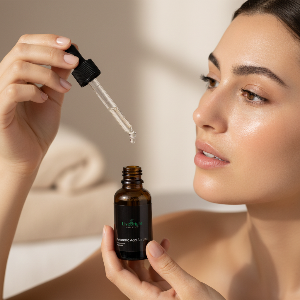 Woman applying Hyaluronic Acid Serum
