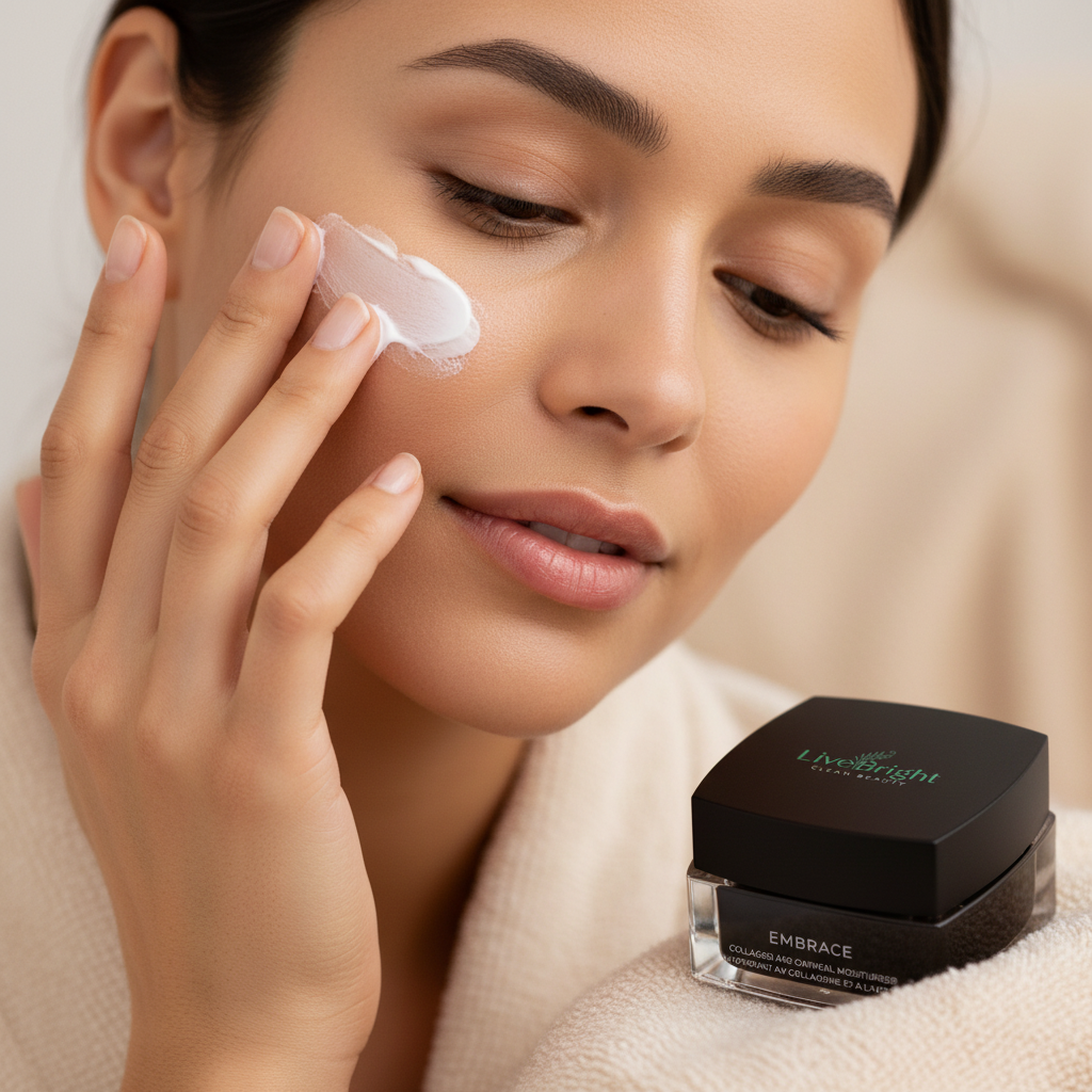 Woman applying Embrace Collagen Moisturizer with lid visible