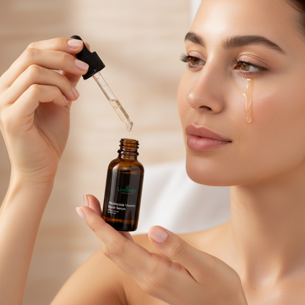 Woman applying Niacinamide Vitamin Boost Serum