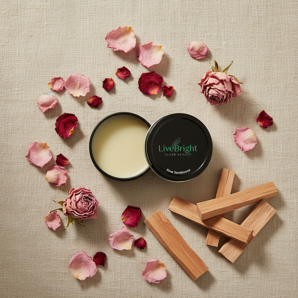 Rose Sandalwood solid fragrance flat lay with rose petals and sandalwood sticks